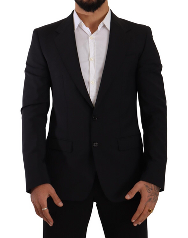 Black slim fit vest with two buttons, Dolce & Gabbana Martini blazer, tailored men's fashion, front view showing classic lapel design.