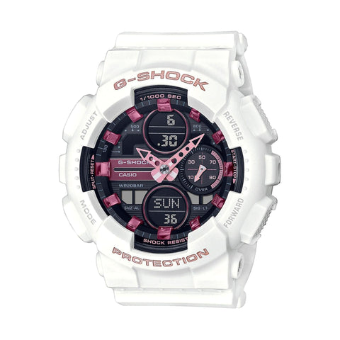 Casio GMA-S140M-7AER sports watch with black resin strap and digital display, featuring durable design and stylish accents.