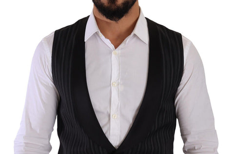 Dark Gray Striped Wool Silk Waistcoat Vest