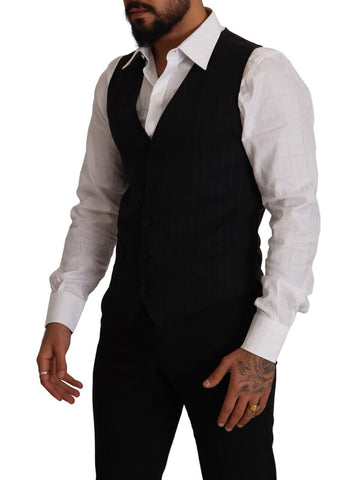 Blue Striped Wool Stretch Waistcoat Vest