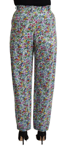 Blue Floral Print High Waist Denim Tapered Jeans