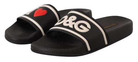 Black Leather I Love D&amp;G Slides Sandals