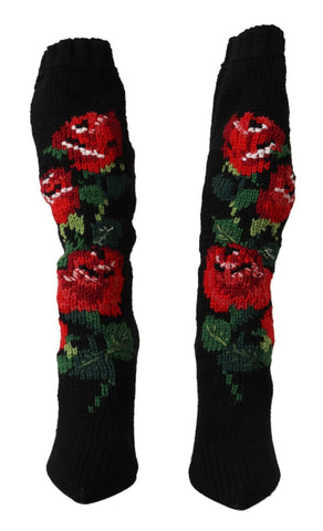 Black Stretch Socks Red Roses Booties Shoes