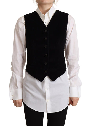 Black V-neck Leopard Corduroy Button Vest Top