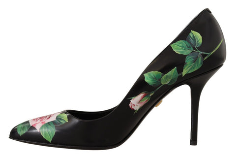 Black Leather Roses High Heels Pumps Shoes