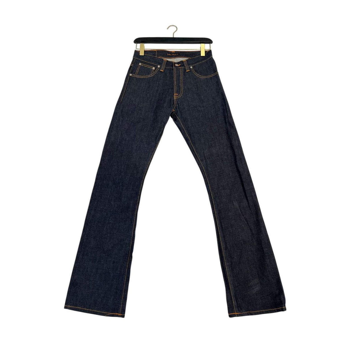 Nudie Jeans NJ1237 Regular fit in BluNavy denim, shown on a hanger with visible stitching and classic five-pocket design.