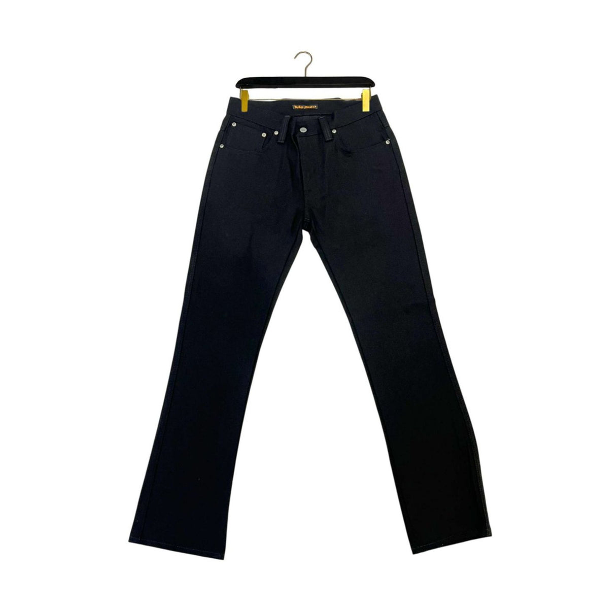 Jag Couture London - New York Nudie Jeans NJ3088 SlimJim NeroBlack denim jeans, slim fit style, shown on a model.