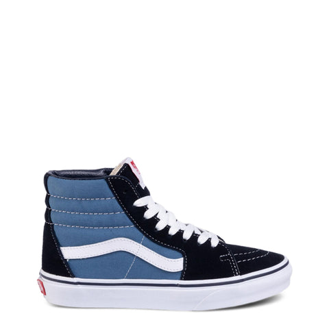 Vans SK8-HI sneakers in black with white side stripe, high-top design, featuring the iconic Vans logo and skate-inspired style.