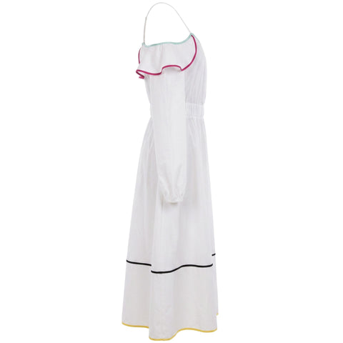 White Trussardi jeans with classic fit and stylish design, displayed on a hanger against a neutral background.