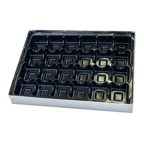 Set of 24 chocolate silver base cupcakes with black vacuum tray and cello lid from Jag Couture London New York.