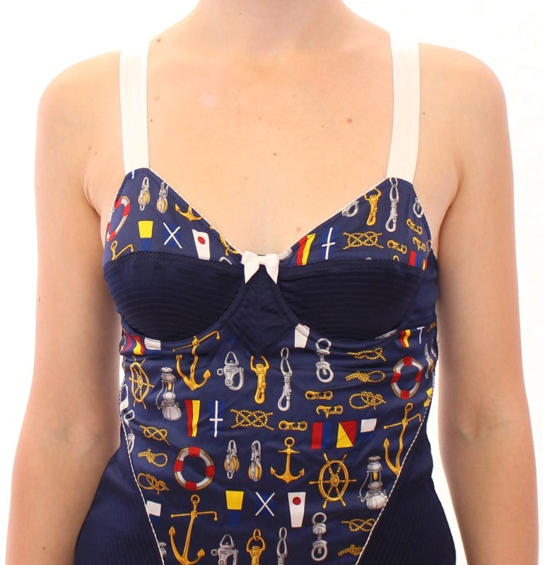 Blue sailor motif tank top by Dolce & Gabbana, featuring nautical design and lightweight fabric.