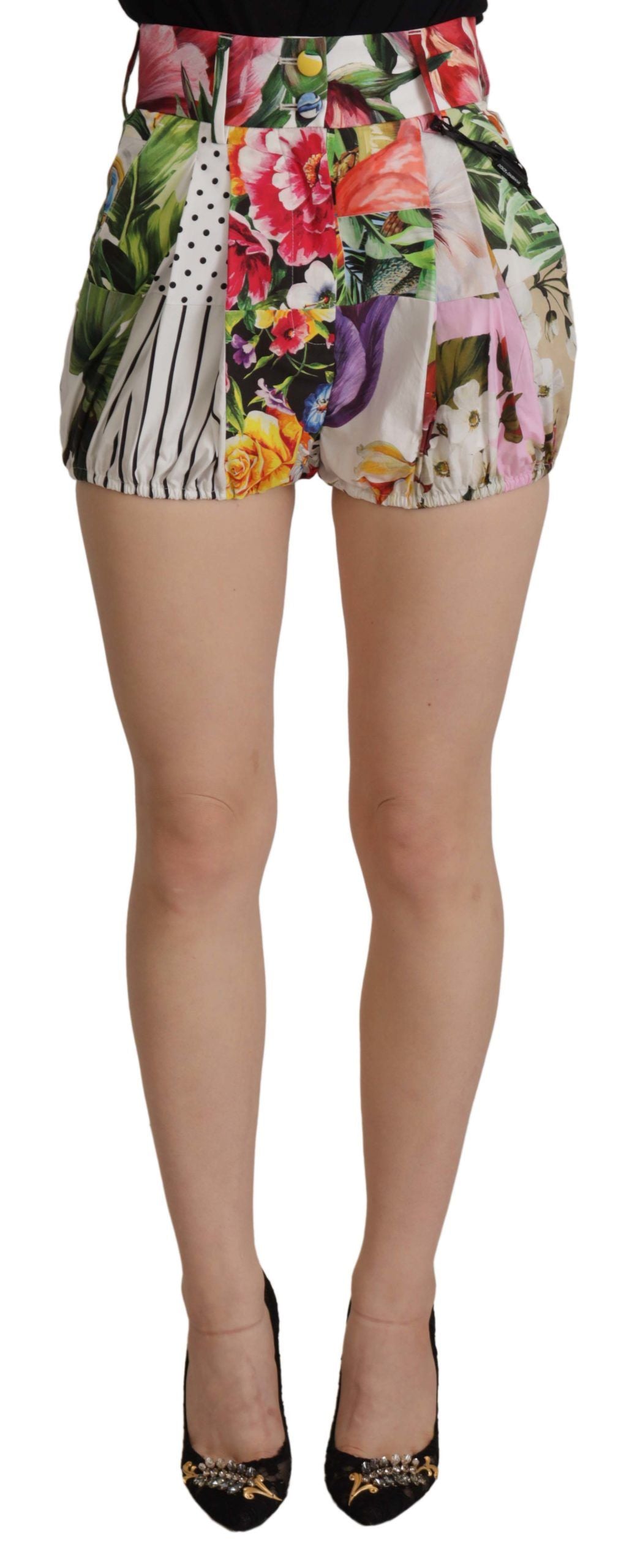 Multicolor high waist hot pants shorts by Dolce & Gabbana, featuring vibrant patterns and a fitted style.