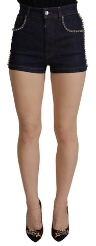 Blue Denim Stretch Crystal Hot Pants Shorts