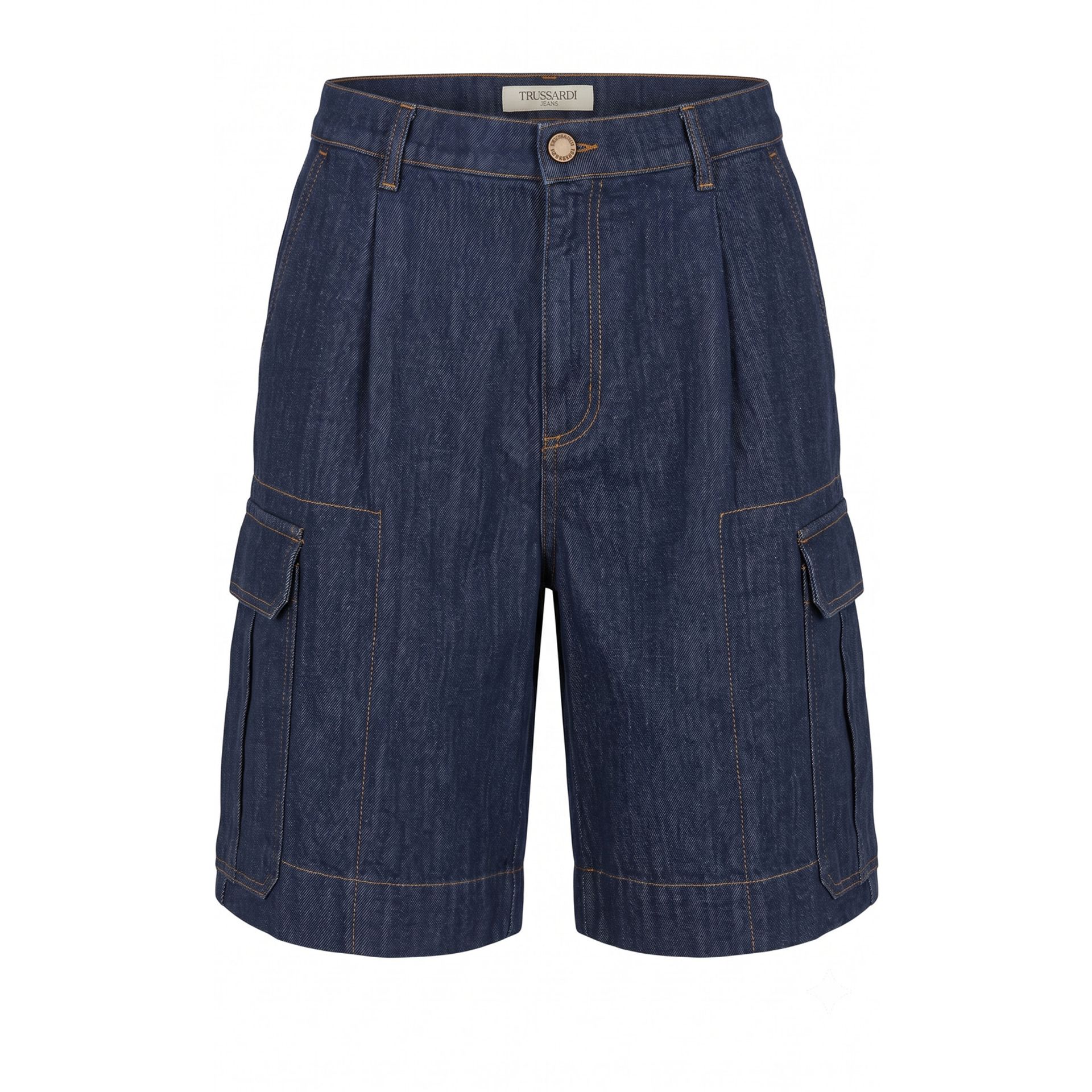 Navy blue Trussardi jeans displayed on a hanger, featuring classic cut and detailed stitching, from Jag Couture London New York.