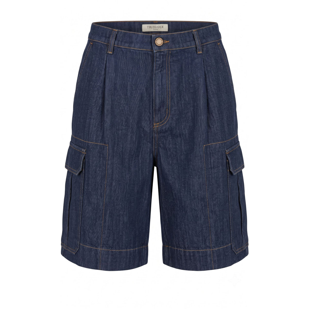 Navy blue Trussardi jeans displayed on a hanger, featuring classic cut and detailed stitching, from Jag Couture London New York.