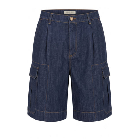 Navy blue Trussardi jeans displayed on a hanger, featuring classic cut and detailed stitching, from Jag Couture London New York.