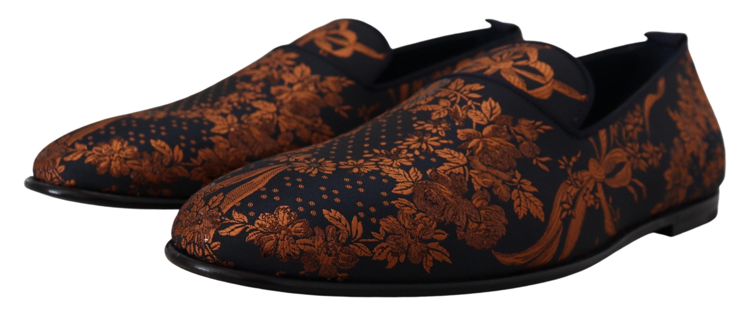 Blue rust floral Dolce & Gabbana slippers loafers with floral pattern and slip-on design, stylish and comfortable footwear.