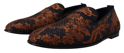 Blue rust floral Dolce & Gabbana slippers loafers with floral pattern and slip-on design, stylish and comfortable footwear.