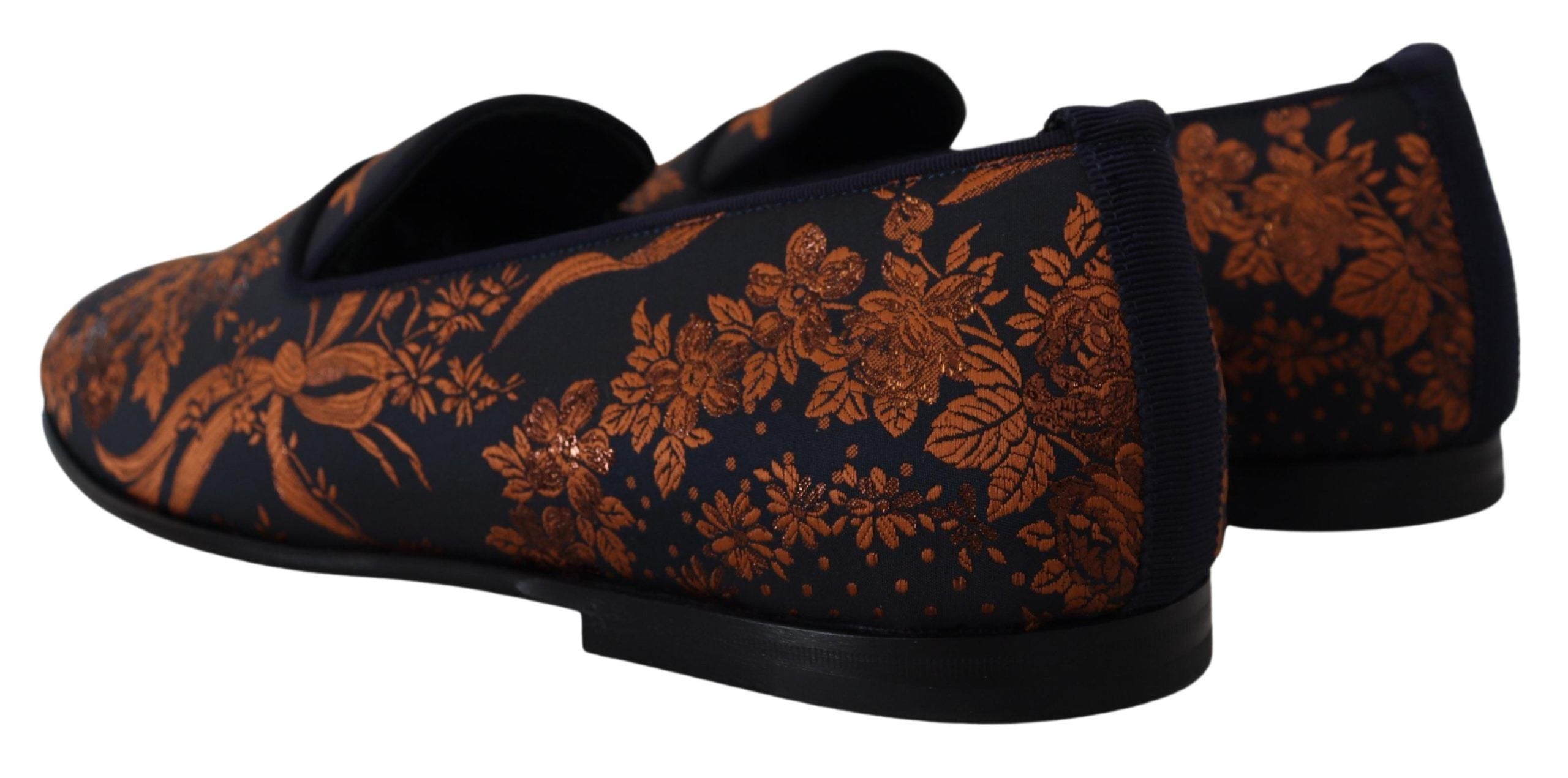 Blue rust floral Dolce & Gabbana slippers loafers with embroidered floral design and slip-on style.
