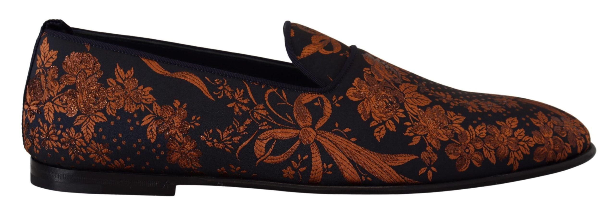 Blue rust floral Dolce & Gabbana slippers loafers with embroidered floral pattern and comfortable slip-on design.