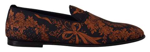 Blue rust floral Dolce & Gabbana slippers loafers with embroidered floral pattern and comfortable slip-on design.