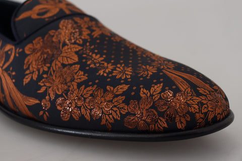 Blue rust floral Dolce & Gabbana slippers loafers with embroidered floral design and comfortable slip-on style.