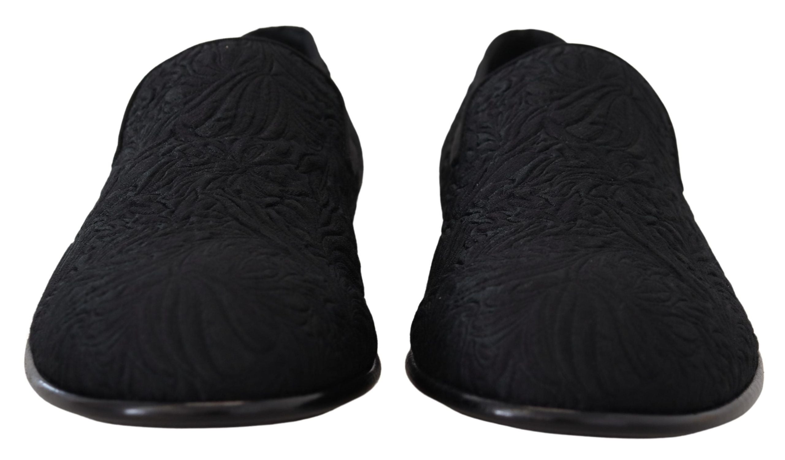 Dolce & Gabbana black floral jacquard slippers loafers shoes with intricate floral pattern and slip-on design.