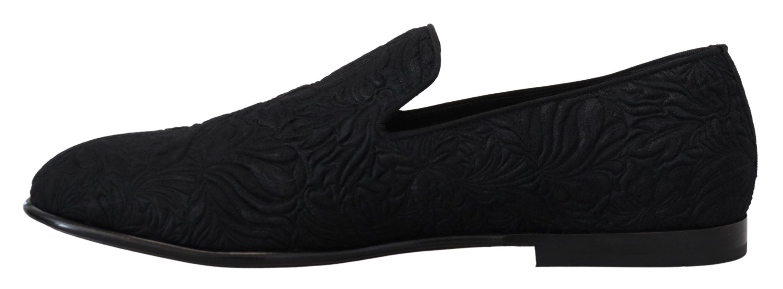 Dolce & Gabbana black floral jacquard slippers loafers with intricate floral pattern and slip-on design.