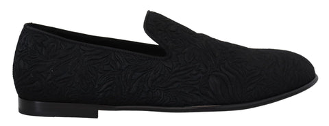 Black floral jacquard loafers by Dolce & Gabbana featuring elegant slip-on design and intricate floral pattern.