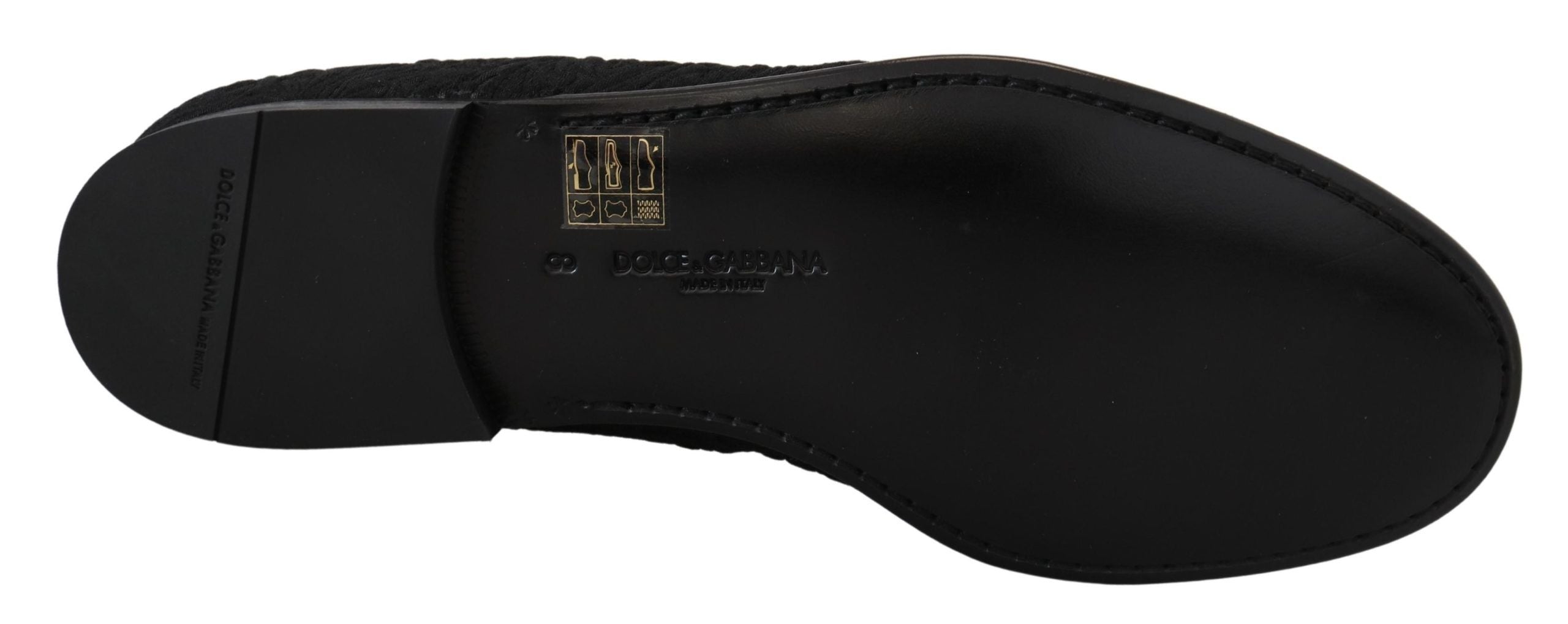 Black floral jacquard loafers by Dolce & Gabbana with slip-on design and elegant floral pattern.