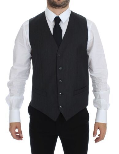 Gray wool formal dress vest by Dolce & Gabbana, featuring a tailored fit and classic design, shown on a plain background.