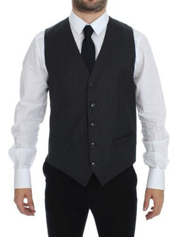 Gray wool formal dress vest by Dolce & Gabbana, featuring a tailored fit and classic design, shown on a plain background.