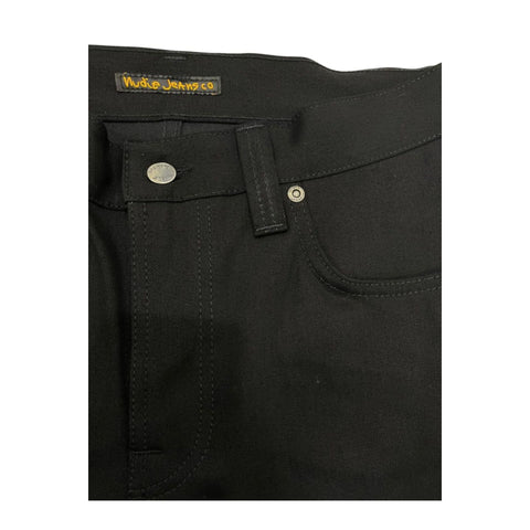 Nudie Jeans NJ3088 SlimJim black denim jeans displayed on a model, showcasing slim fit and classic five-pocket design.
