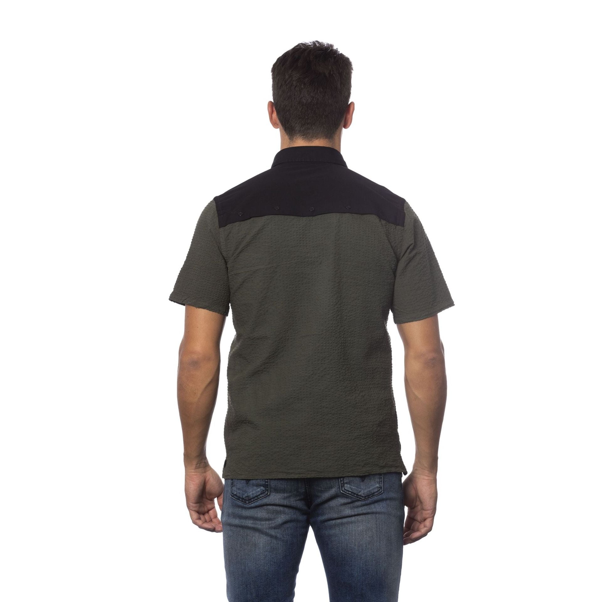 Jag Couture London men's Verri CBC00103T0053_855VERDEMILITARE military-style jacket in green, shown on a model.