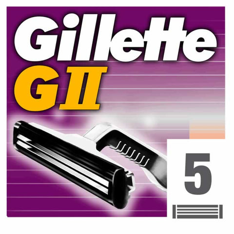 Gillette GII refill blades, 5 units from Jag Couture London - New York, shown in blister packaging with razor blades inside.