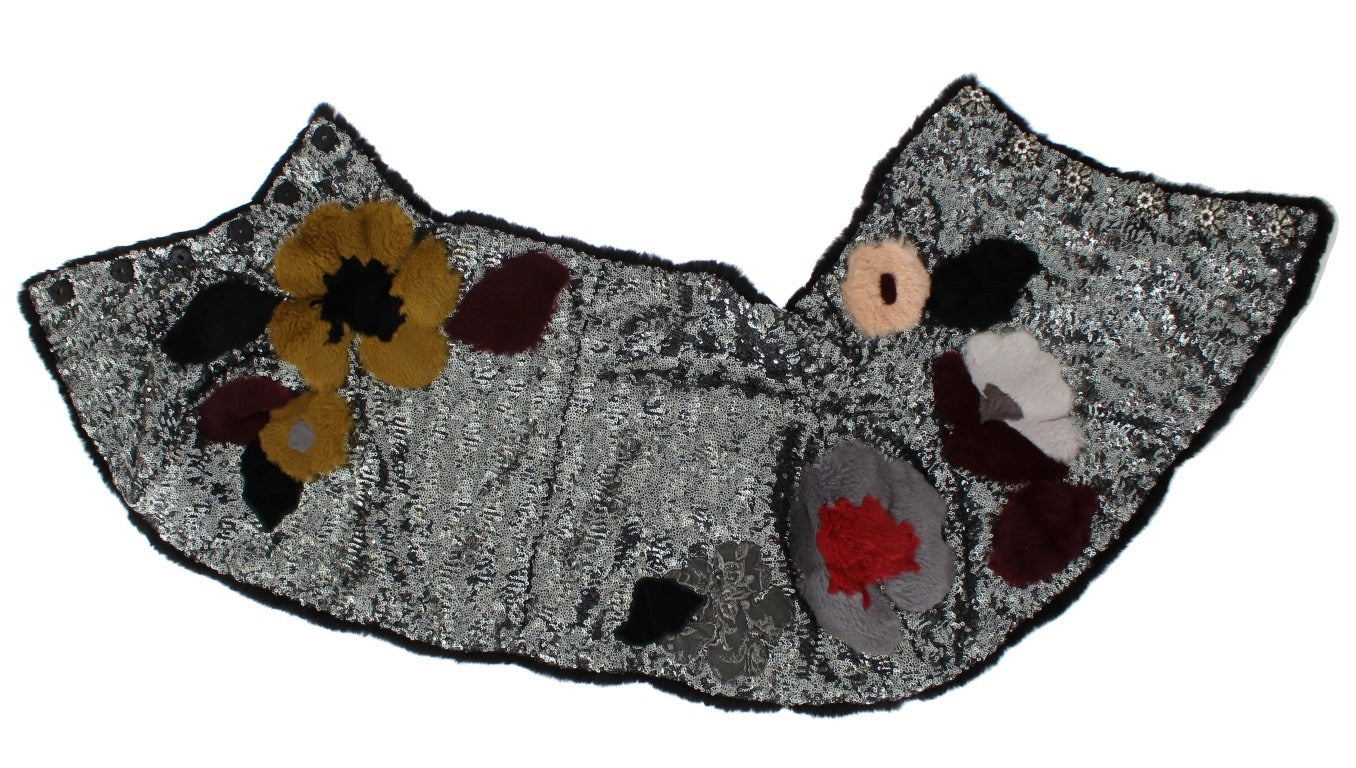 Silver Sequined Floral Weasel Fur Shoulder Scarf Wrap