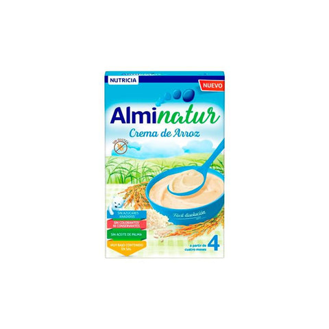 Almirón Alminatur rice cream cereal in a 250g package, by Jag Couture London New York, showing the cereal box and packaging.