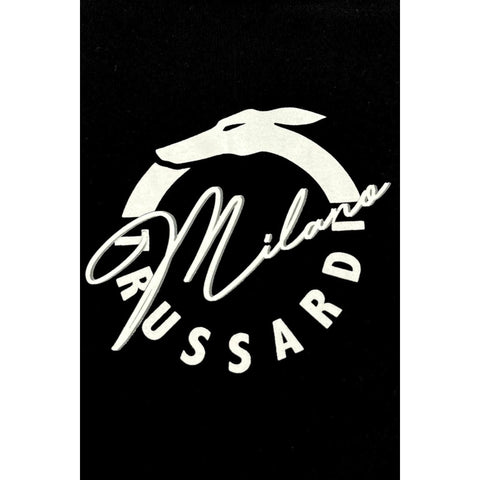 Trussardi Beachwear TRU25MTS01 black swim trunks with logo waistband, displayed on a model for stylish summer beachwear.