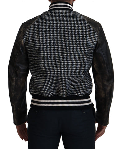 Dark Gray Houndstooth Polyester Bomber Jacket