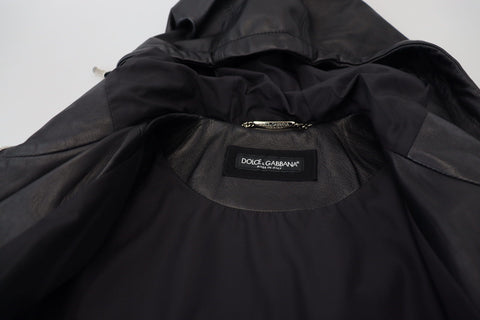 Black Leather Hooded Blouson Coat Jacket