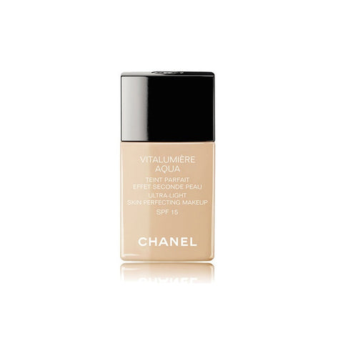 Chanel Vitalumiere Aqua skin perfecting foundation in beige, 30ml, with SPF 15, lightweight liquid formula, displayed in a pump bottle
