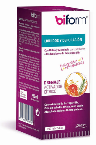 Biform Drenaje Citrico bottle by Jag Couture London - New York, 250ml, with citrus-flavored herbal supplement in a clear bottle