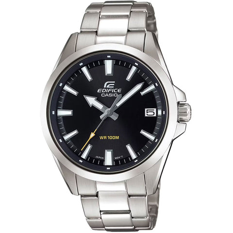 Casio EFV-100D-1AVUEF sports watch with black dial and stainless steel band, featuring chronograph functions and water resistance.