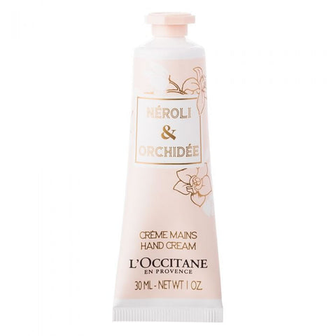 L'Occitane Néroli & Orchidée hand cream in a 30ml tube, with floral scent, displayed on a neutral background.