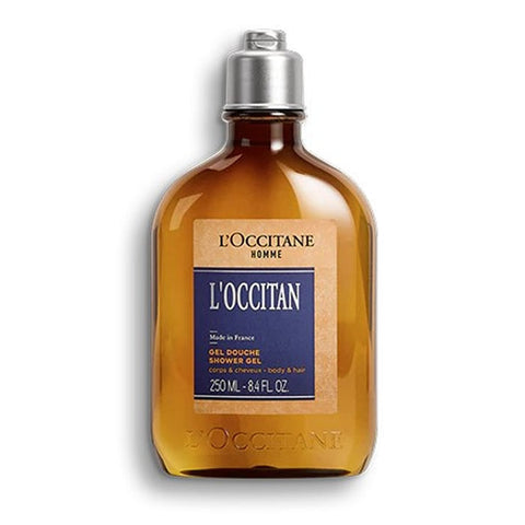 L'Occitane L'Occitan shower gel in 250ml bottle, featuring a sleek design and herbal fragrance, displayed in the image.
