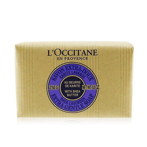Lavender shea butter soap by L'Occitane, 250g, featuring a natural, floral design with lavender and shea ingredients.