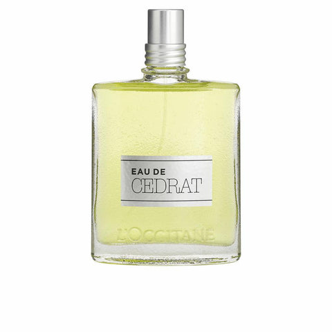 L'Occitane Eau De Cédrat Edt spray 75ml in a clear glass bottle with a minimalist label, showcasing fresh citrus fragrance.