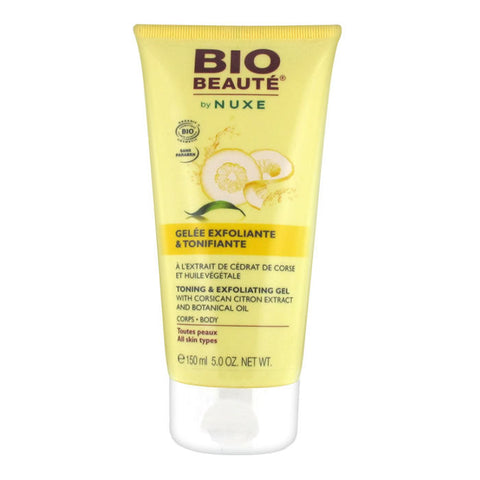 Nuxe Bio Beauté Toning and Exfoliating Gel 150ml, natural skincare gel with botanicals, in a clear tube with a white cap.