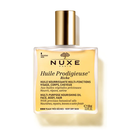 Nuxe Huile Prodigieuse Riche for very dry skin in 100ml bottle, featuring a dropper and golden oil texture.