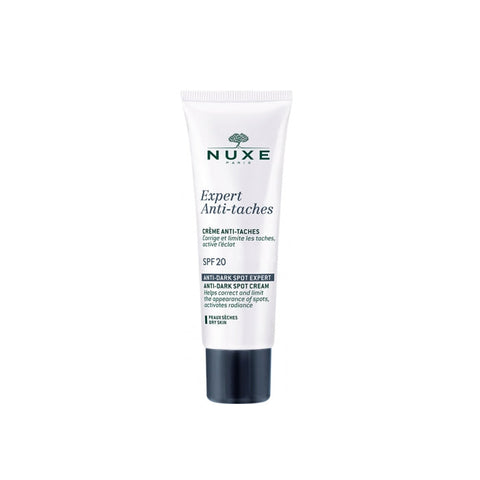 Nuxe Expert Anti Dark Spot Cream SPF20 for dry skin, 50ml, with visible cream texture and skincare packaging.